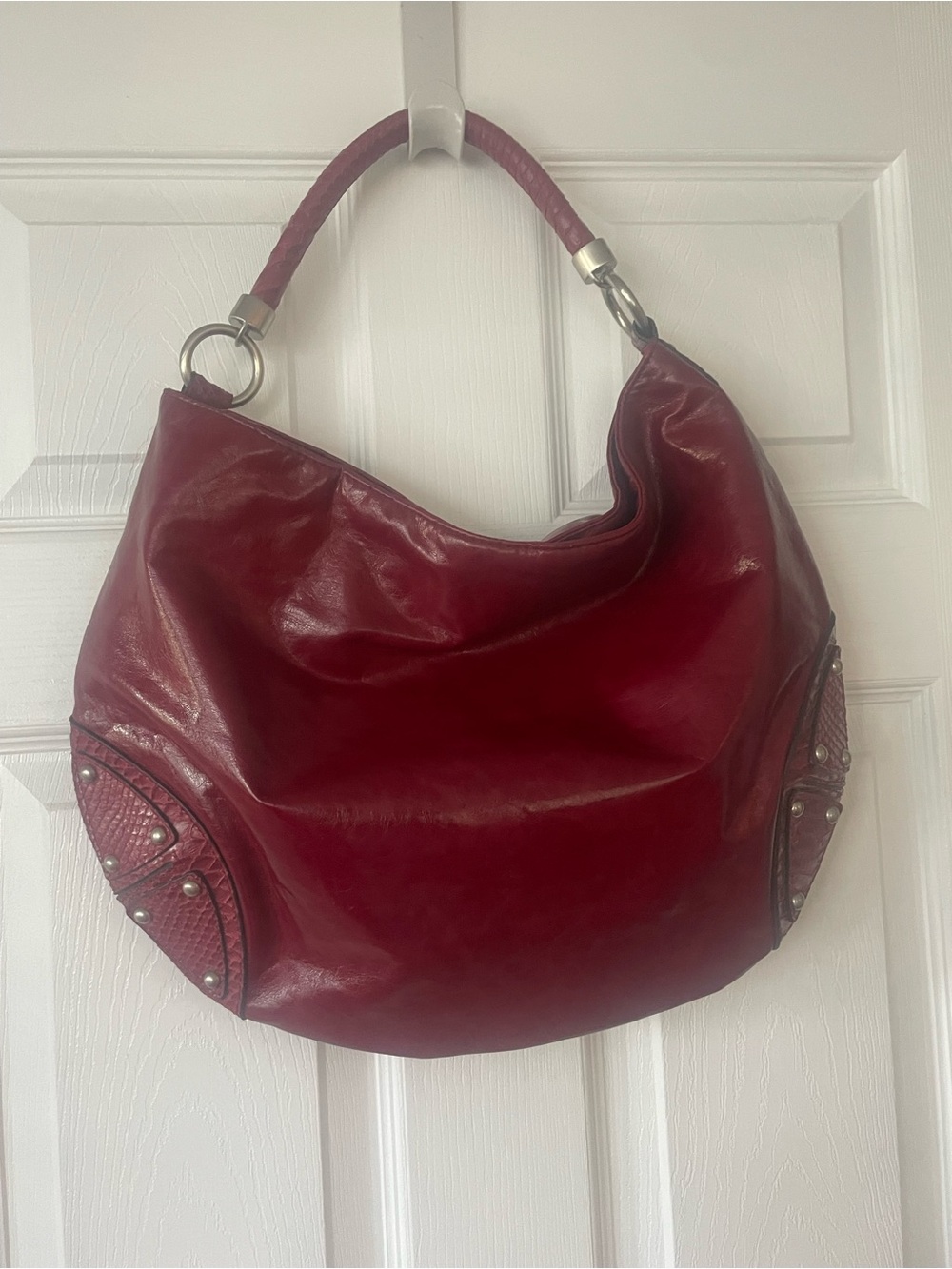 The Limited Red Leather Hobo Shoulder Bag with Stud Accents